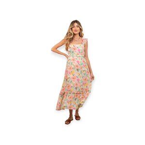 Anthropologie By The River Watercolor Floral Ruffle Midi Dress Size M Fits Small